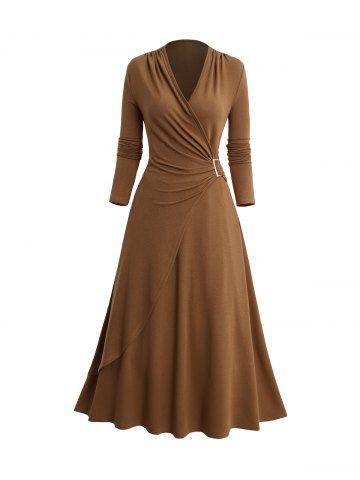 Cinched Surplice Plunge High Waist Long Sleeve Dress - COFFEE - XXL | US 14