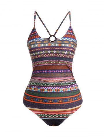 Tribal Print O Ring Back One-piece Swimsuit - MULTI - XXL | US 14