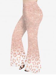 Pantalon Evasé 3D Léopard Imprimé en Blocs de Couleurs à Paillettes de Grande Taille - Rose clair M