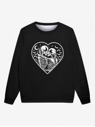 Gothic Valentine's Day Heart Skeleton Skulls Moon Birds Print Crew Neck Sweatshirt For Men -  