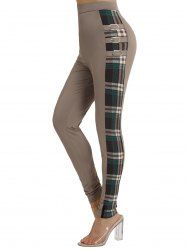 Plaid Print Panel Buckle Long Leggings -  