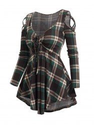 Plaid Lattice Cut Out Ruched Tie Knot Long Sleeve Top -  