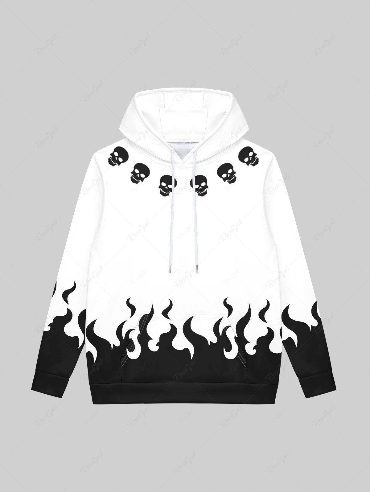Outfits Gothic Skulls Flame Colorblock Print Fleece Linging Drawstring Hoodie For Men  
