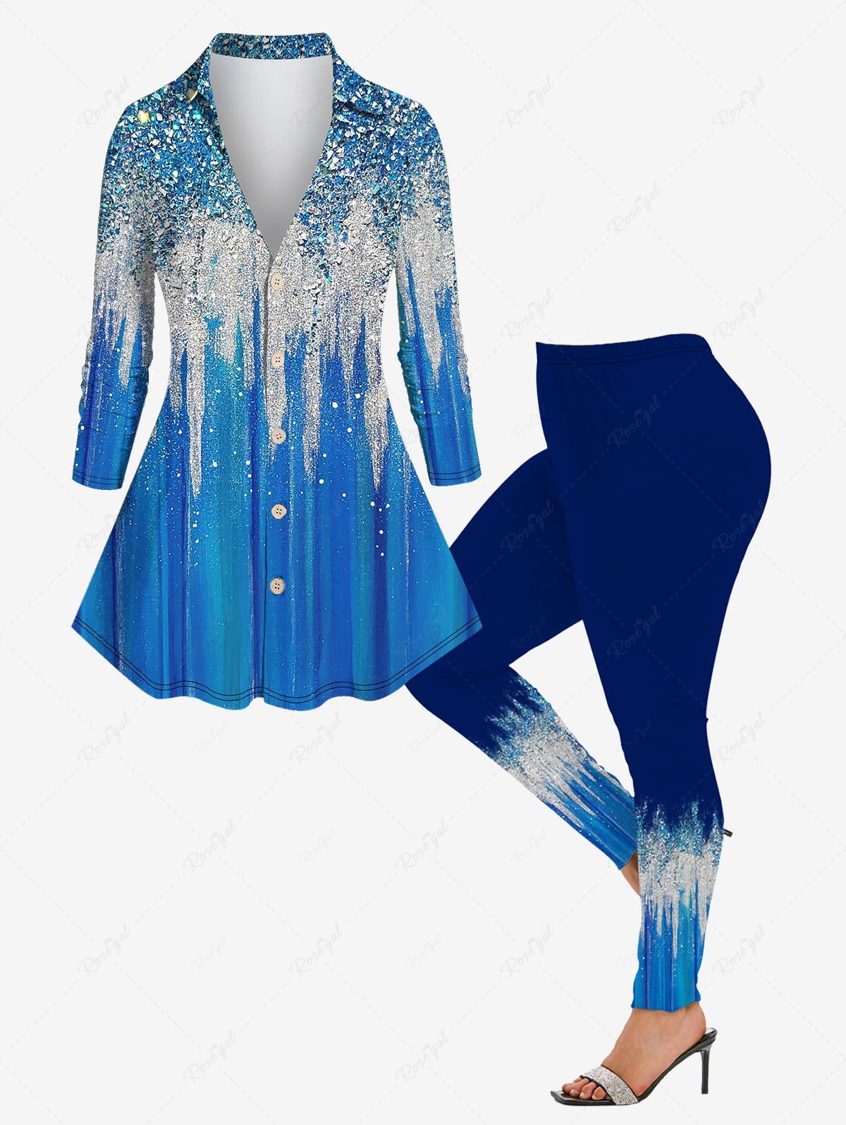 Best Colorblock Sparkling Sequin Glitter 3D Printed Buttons Turndown Collar Long Sleeve Shirt and Leggings Plus Size Bundle  