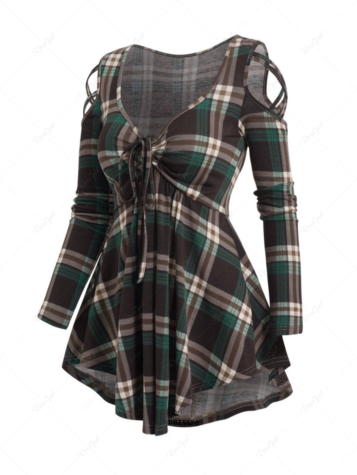 Outfits Plaid Lattice Cut Out Ruched Tie Knot Long Sleeve Top  