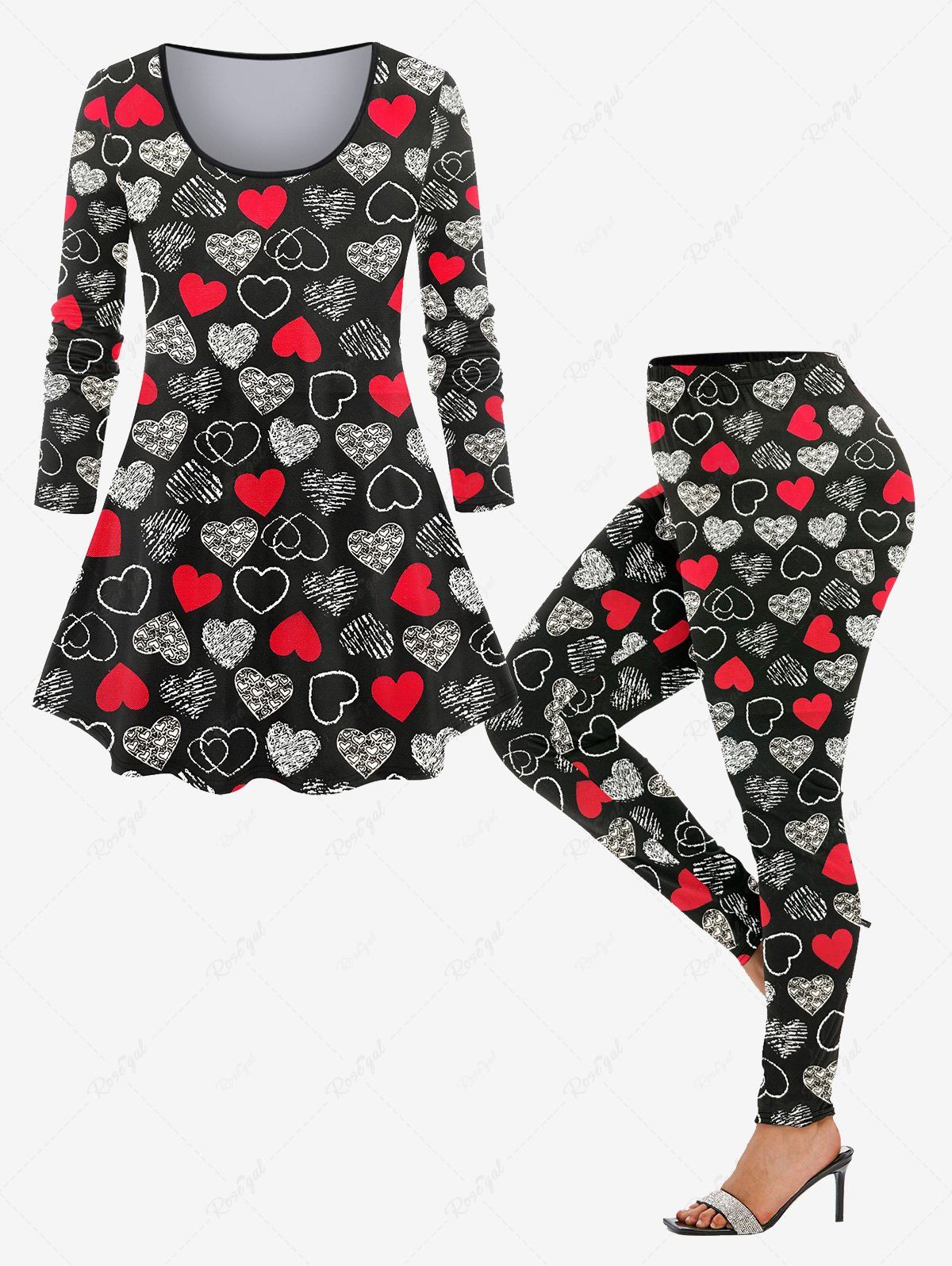 Fashion Plus Size Heart Striped Print Long Sleeves Top and Leggings Pajama Set  