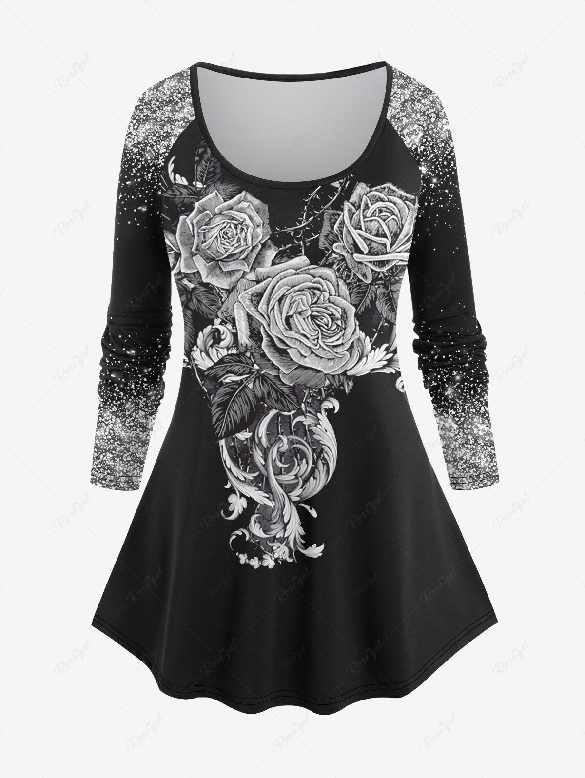 Buy Plus Size Rose Flowers Leaf Sparkling Sequin Glitter 3D Print Raglan Sleeve T-shirt  