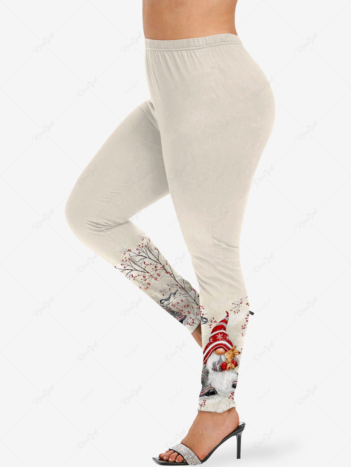 Fashion Plus Size Christmas Holly Striped Hat Snowflake Santa Claus Rabbit Bird Tree Print Skinny Leggings  