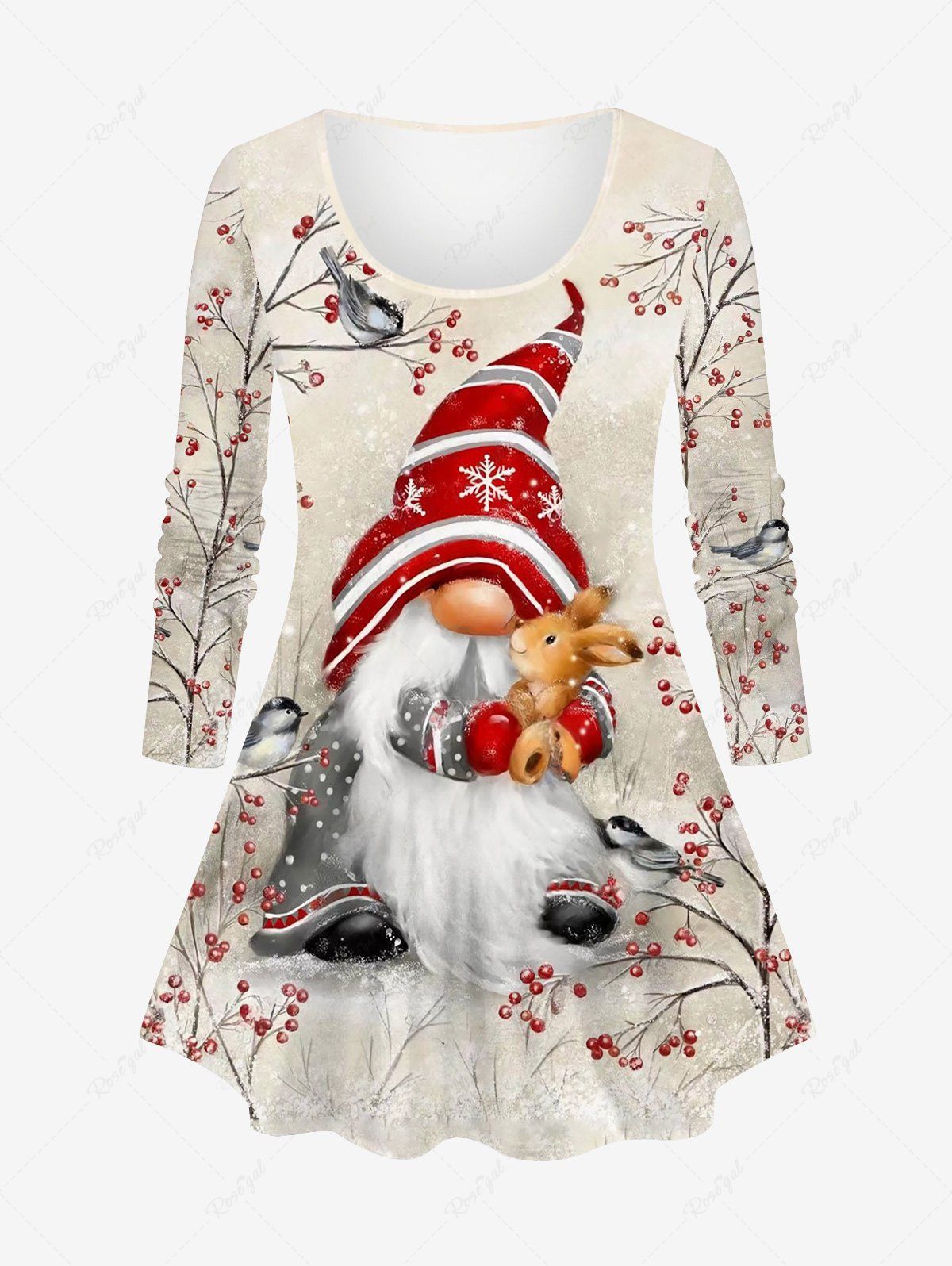 Chic Plus Size Christmas Holly Striped Hat Snowflake Santa Claus Rabbit Bird Print Long Sleeves T-shirt  
