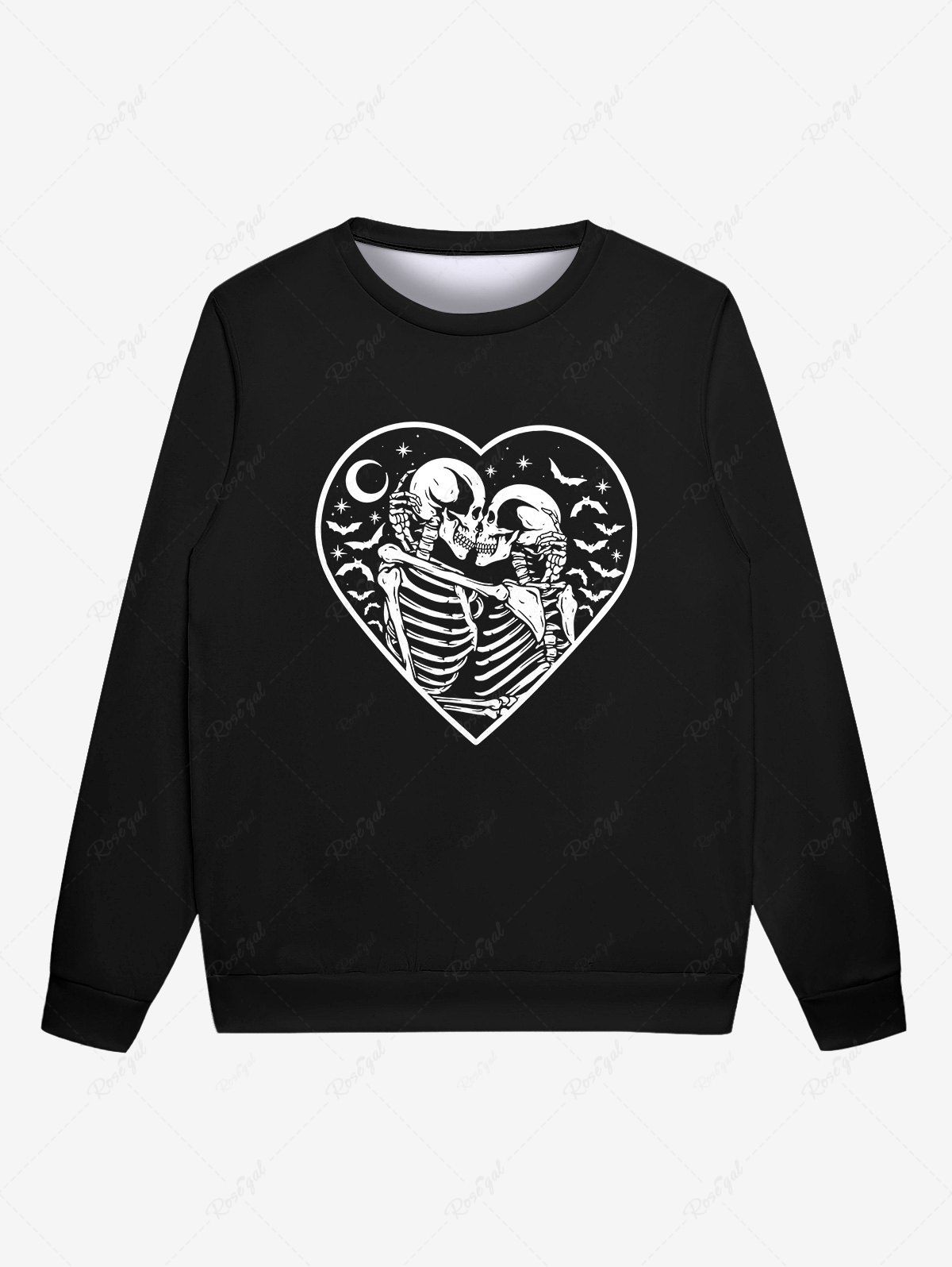 Online Gothic Valentine's Day Heart Skeleton Skulls Moon Birds Print Crew Neck Sweatshirt For Men  