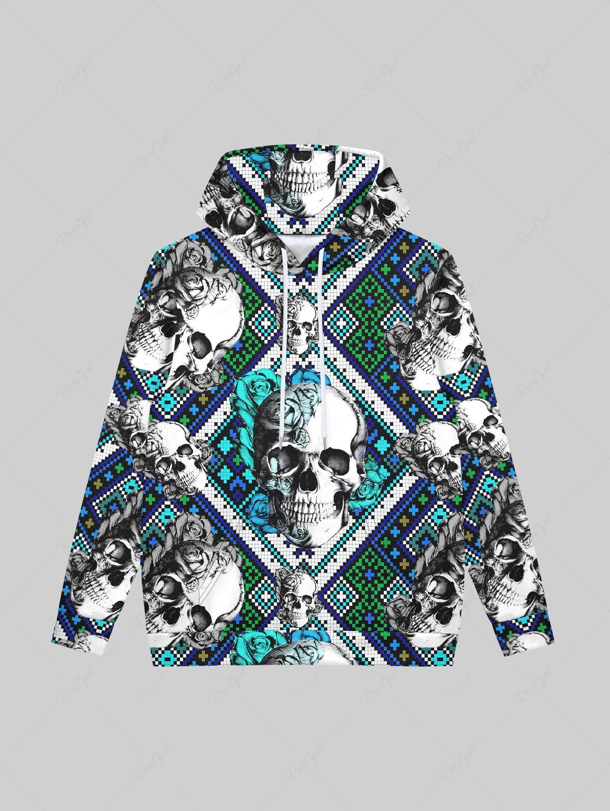 Outfits Gothic Rose Flowers Skulls Cross Stitch 3D Print Fleece Lining Drawstring Hoodie For Men  