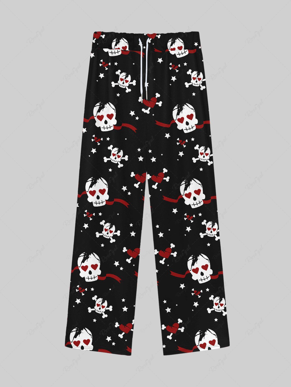 Cheap Gothic Valentine's Day Skulls Skeleton Heart Ribbons Print Wide Leg Drawstring Sweatpants For Men  
