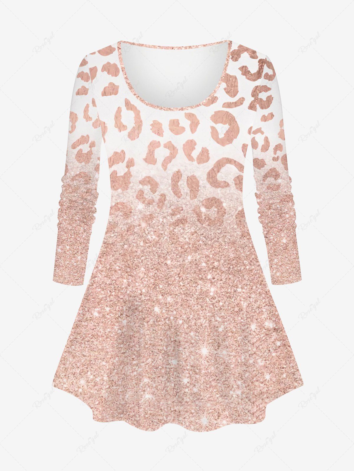 Latest Plus Size Colorblock Leopard Sparkling Sequin Glitter 3D Print Long Sleeve T-shirt  