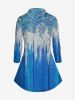 Colorblock Sparkling Sequin Glitter 3D Printed Buttons Turndown Collar Long Sleeve Shirt and Leggings Plus Size Bundle -  
