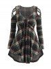 Plaid Lattice Cut Out Ruched Tie Knot Long Sleeve Top -  