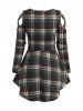 Plaid Lattice Cut Out Ruched Tie Knot Long Sleeve Top -  