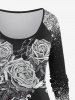 Plus Size Rose Flowers Leaf Sparkling Sequin Glitter 3D Print Raglan Sleeve T-shirt -  