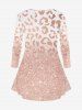 Plus Size Colorblock Leopard Sparkling Sequin Glitter 3D Print Long Sleeve T-shirt -  