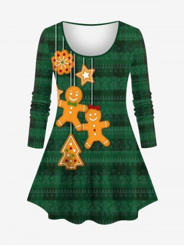 Plus Size Christmas Tree Snowflake Gingerbread Star Plaid Striped Print Ombre Long Sleeves T-shirt - DEEP GREEN - XS