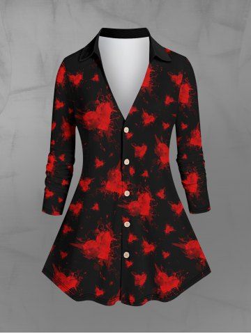 Gothic Turn-down Collar Full Buttons Heart Painting Splatter Watercolor Print Long Sleeves Valentines Shirt - BLACK - 2X