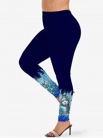 Legging Brillant 3D Boule Bonhomme de Neige et Fleur Imprimés Grande Taille à Paillettes - BLUE - 2X