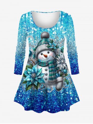 T-shirt Brillant 3D Boule Bonhomme de Neige et Fleur Imprimés de Noël de Grande Taille - BLUE - XS