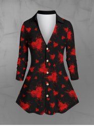 Gothic Turn-down Collar Full Buttons Heart Painting Splatter Watercolor Print Long Sleeves Valentines Shirt -  
