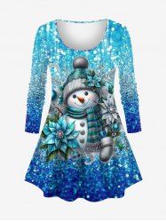 T-shirt Brillant 3D Boule Bonhomme de Neige et Fleur Imprimés de Noël de Grande Taille - Bleu L