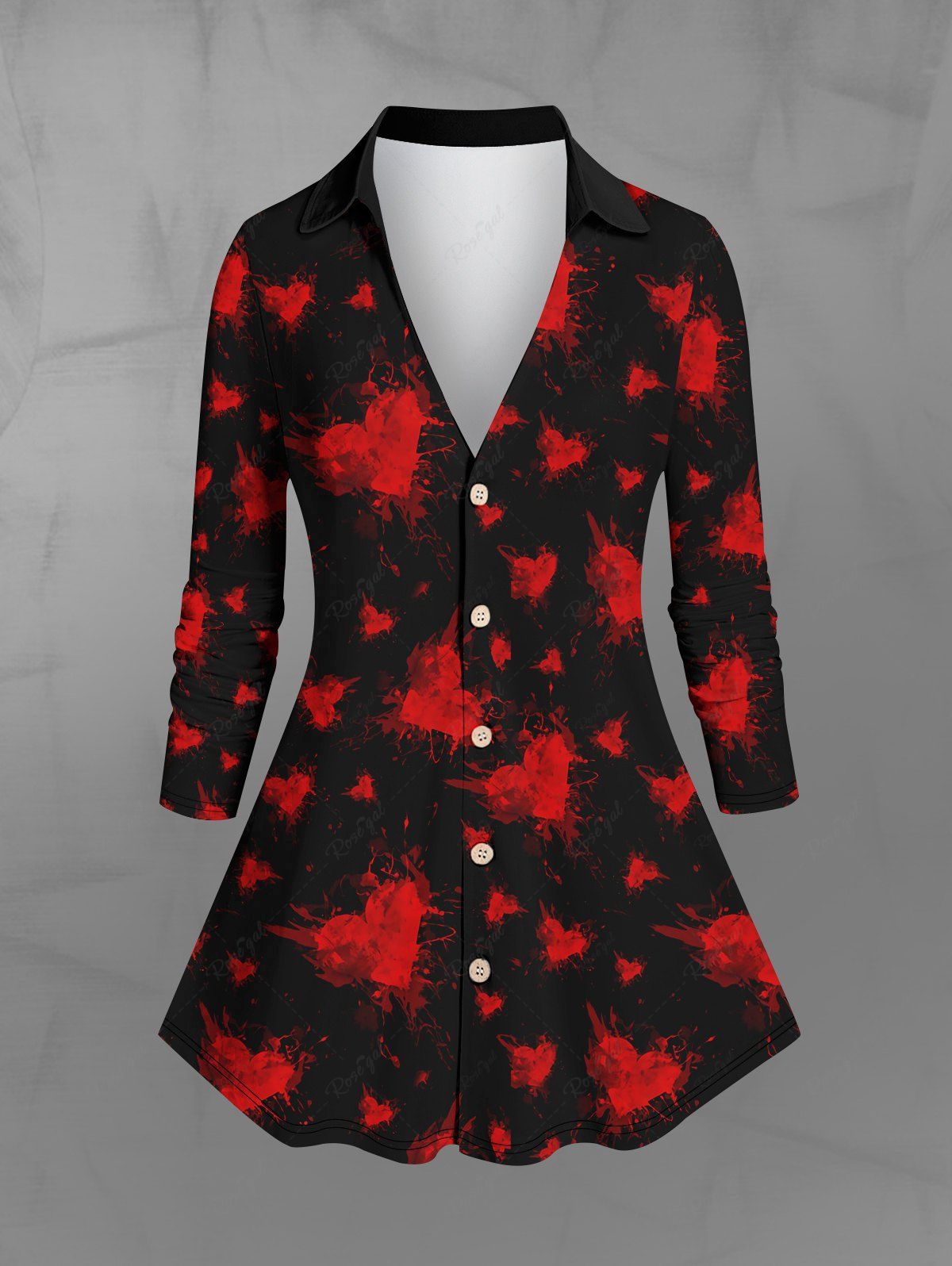 Sale Gothic Turn-down Collar Full Buttons Heart Painting Splatter Watercolor Print Long Sleeves Valentines Shirt  