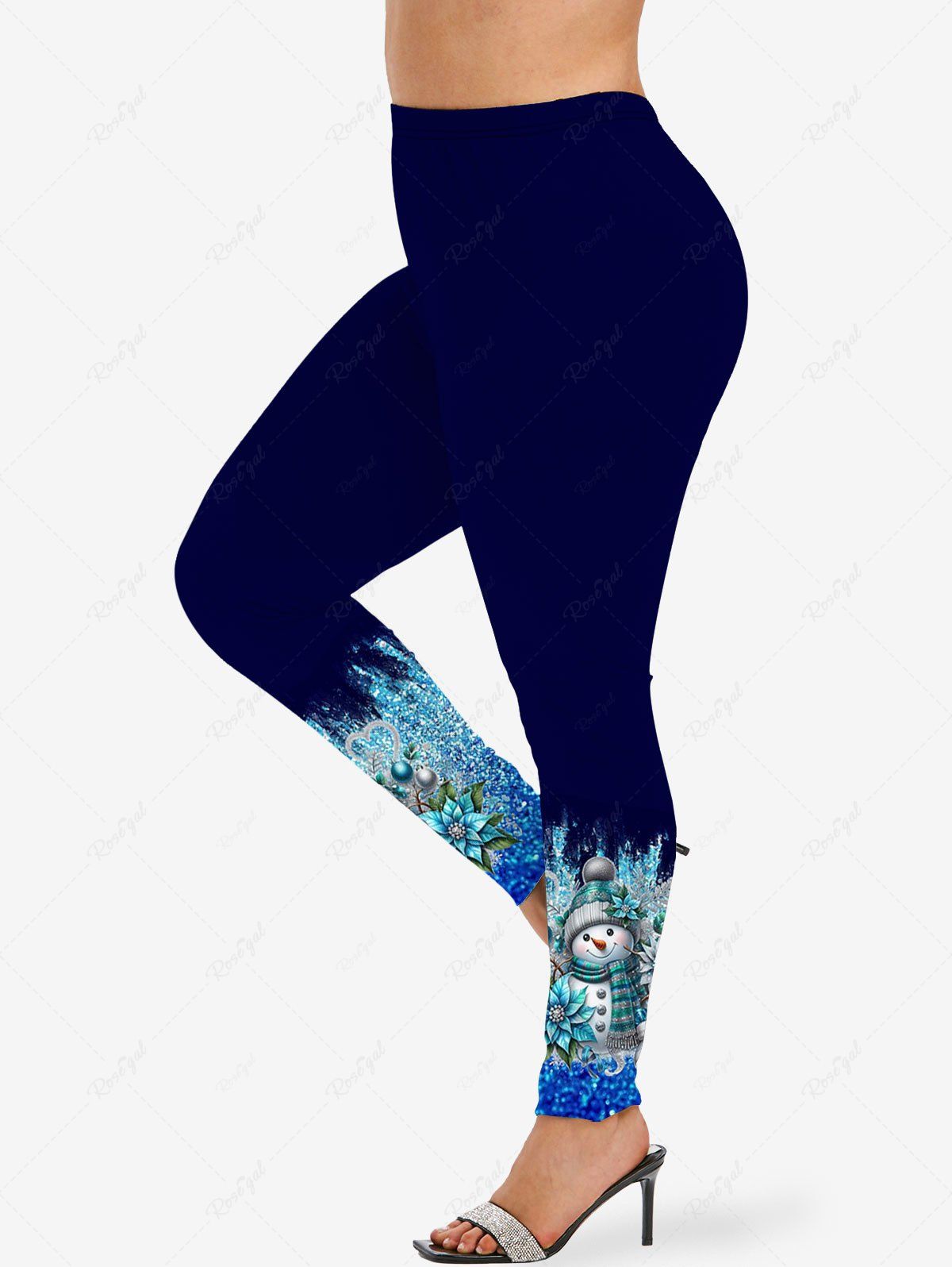 Legging Brillant 3D Boule Bonhomme de Neige et Fleur Imprimés Grande Taille à Paillettes Bleu 6X