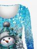 T-shirt Brillant 3D Boule Bonhomme de Neige et Fleur Imprimés de Noël de Grande Taille - Bleu XS
