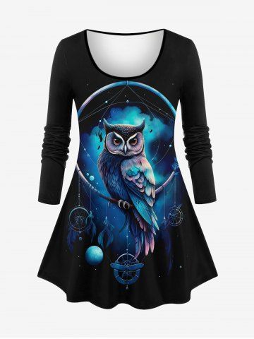 Plus Size Galaxy Owl Dream Catcher Feather Tassel Print  Long Sleeve T-shirt - BLUE - S