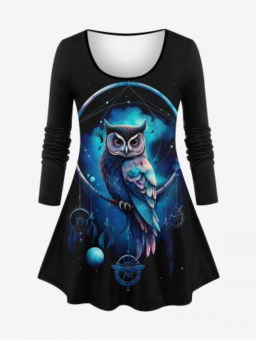 T-shirt Hibou et Plume Imprimés à Manches Longues de Grande Taille à Frange - BLUE - 1X