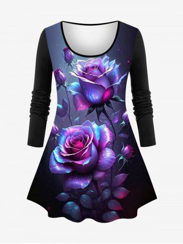 Plus Size Glitter Rose Flower Leaf Print Ombre Long Sleeves T-shirt - PURPLE - S