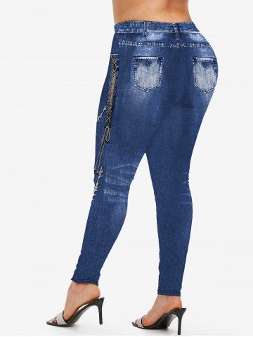 Plus Size 3D Denim Lace Up Pockets Topstitching Buttons Print Skinny Leggings