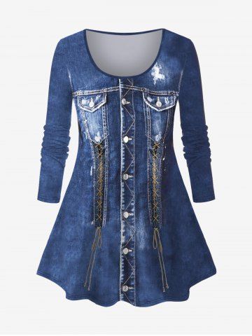 Plus Size 3D Denim Pocket Lace Up Buttons Ripped Topstitching Print Ombre Long Sleeves T-shirt - BLUE - XS