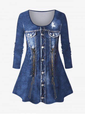 Plus Size 3D Denim Pocket Lace Up Buttons Ripped Topstitching Print Ombre Long Sleeves T-shirt