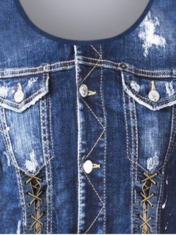 Plus Size 3D Denim Pocket Lace Up Buttons Ripped Topstitching Print Ombre Long Sleeves T-shirt