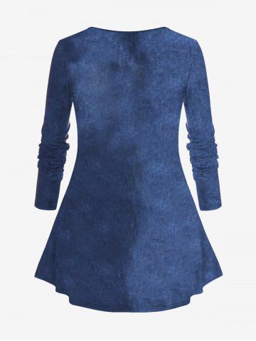 Plus Size 3D Denim Pocket Lace Up Buttons Ripped Topstitching Print Ombre Long Sleeves T-shirt