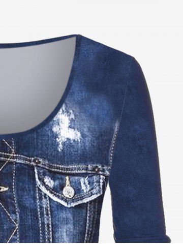 Plus Size 3D Denim Pocket Lace Up Buttons Ripped Topstitching Print Ombre Long Sleeves T-shirt