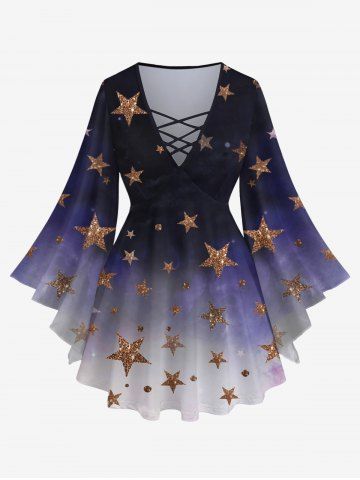 Plus Size Flare Sleeves Glitter Sparkling Stars Print Ombre Lattice Top - CONCORD - 1X