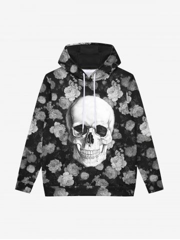 Gothic Skull Rose Flower Print Fleece Lining Drawstring Hoodie For Men - BLACK - M