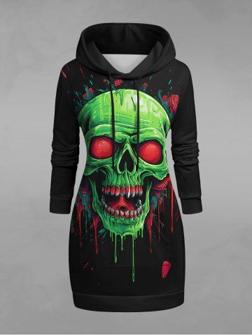 Gothic 3D Bloody Skull Rose Flower Print Pocket Drawstring Pullover Long Sleeves Hoodie - BLACK - L