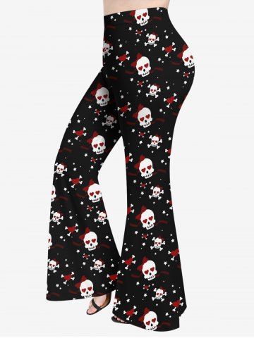 Plus Size Valentine's Day Skulls Skeleton Heart Stars Ribbons Print Flare Pants - BLACK - M