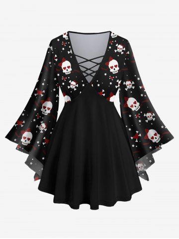 Plus Size Valentine's Day Skull Skeleton Heart Ribbon Stars Print Lattice Crisscross Flare Sleeve Top - BLACK - 3X