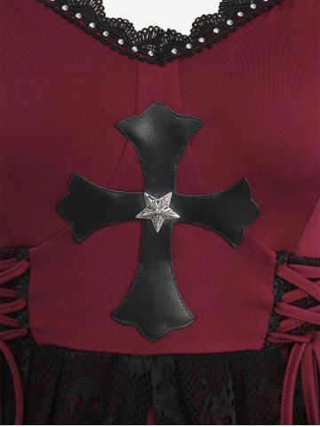 Plus Size Lace-up Cross High Low Skulls Mesh Rivet Lace Trim Asymmetrical Gothic Tank Dress