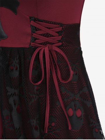 Plus Size Lace-up Cross High Low Skulls Mesh Rivet Lace Trim Asymmetrical Gothic Tank Dress