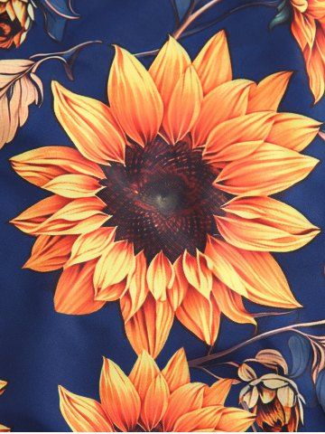 Plus Size Cold Shoulder Stripe Colorblock Sunflowers Leaf Print Cinchd Ruffles Skirted 3 PCS Tankini Set