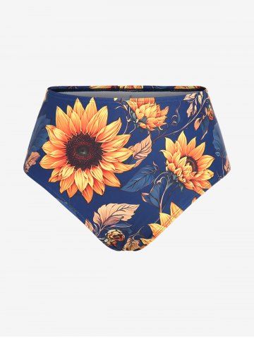 Plus Size Cold Shoulder Stripe Colorblock Sunflowers Leaf Print Cinchd Ruffles Skirted 3 PCS Tankini Set
