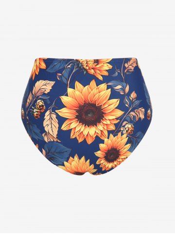 Plus Size Cold Shoulder Stripe Colorblock Sunflowers Leaf Print Cinchd Ruffles Skirted 3 PCS Tankini Set